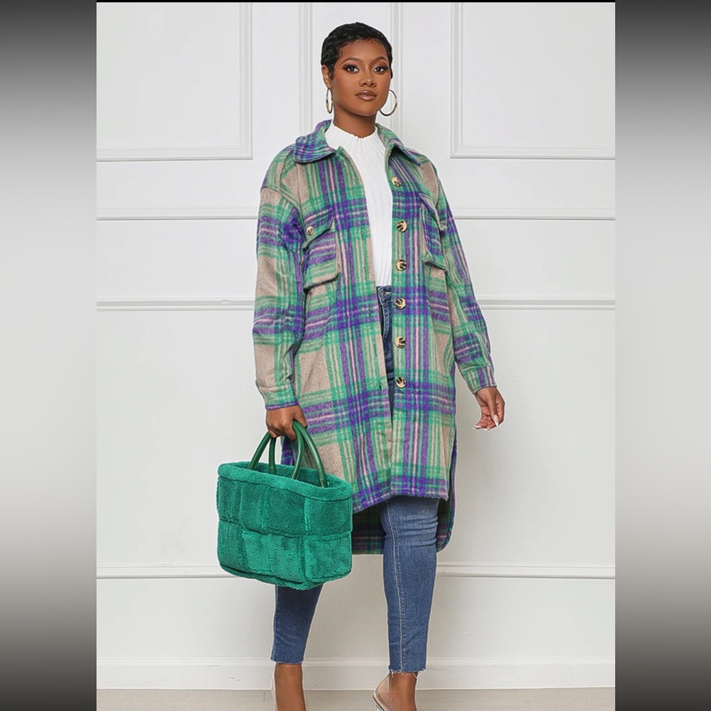 Wool Like Plaid Shaket w/Pockets